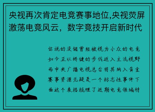 央视再次肯定电竞赛事地位,央视荧屏激荡电竞风云，数字竞技开启新时代